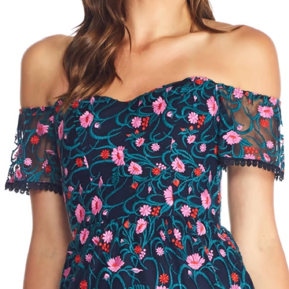 Dress The Population | River Off-the-Shoulder Floral Embroidered Midi balletcore